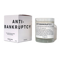 scented candle with the writing "anti-bankruptcy" and funny description on
